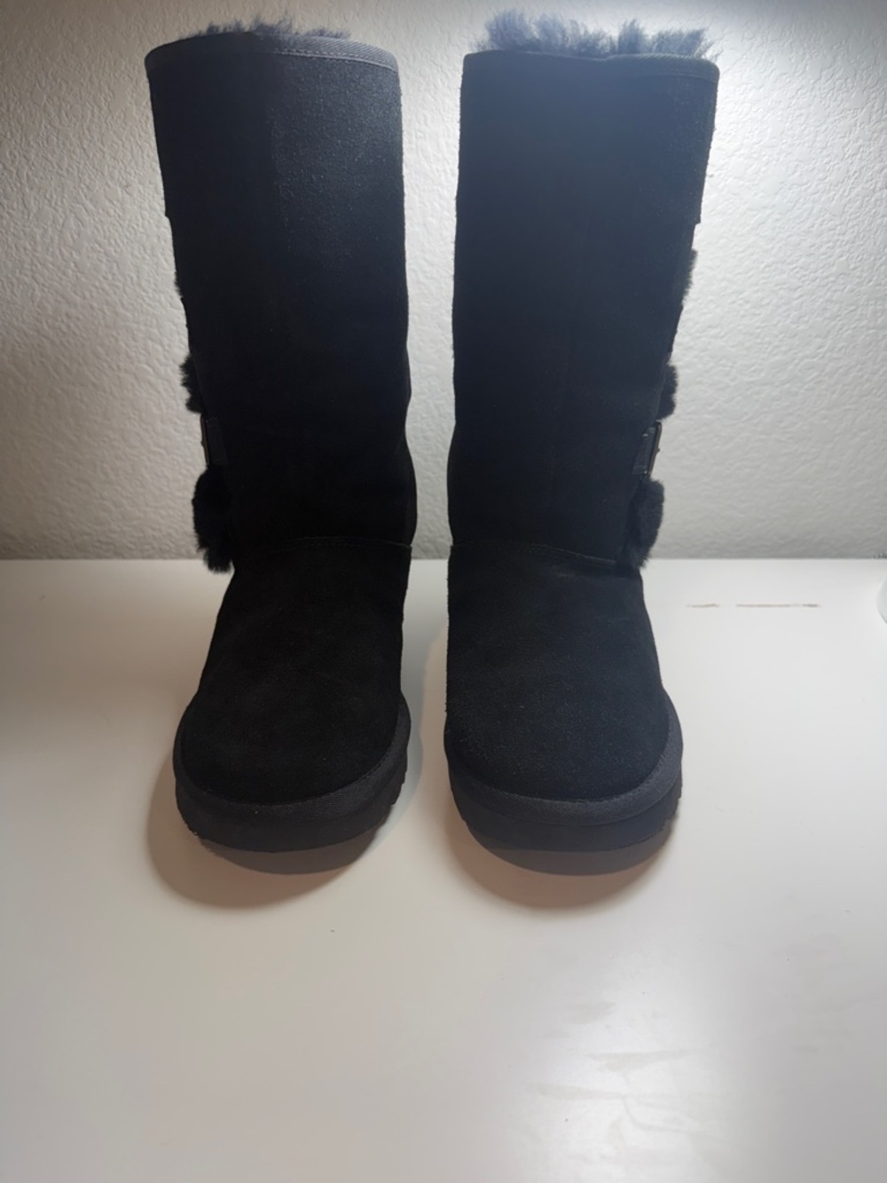 UGG Black Tall Suede Winter Boots with Shearling Trim